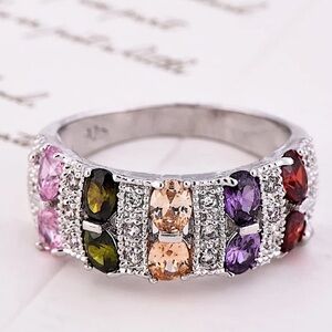 PLATINUM  RAINBOW ZIRCON RING PROMISE CZ BAND RING